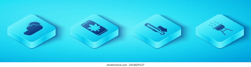 Ajuste el Sol Isometric y el tiempo de nube, la hoja en el teléfono móvil, la parrilla Barbecue y el icono del termómetro de meteorología. Vector