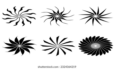 Set of isometric sun or flower shape silhouette isolated on white. Circular shape with petals. Clipart.