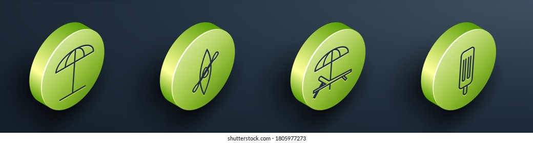 Set Isometric Sun protective umbrella for beach, Kayak or canoe and paddle, Sunbed and umbrella and Ice cream icon. Vector