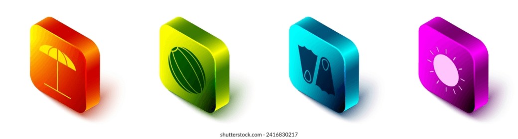 Set Isometric Sun protective umbrella for beach, Beach ball, Rubber flippers and Sun icon. Vector