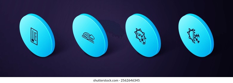 Set Isometric Sun and snowflake, UV protection, Rainbow with cloud and Meteorology thermometer icon. Vector