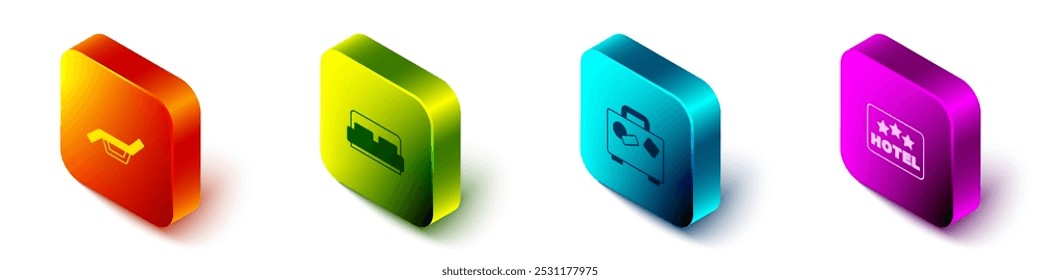 Set Isometric Sunbed and umbrella, Hotel room, Suitcase and Signboard with text icon. Vector