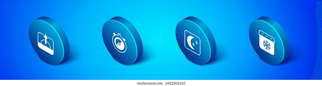 Set Isometric Sunrise, Moon and stars, Calendar winter and Stopwatch icon. Vector