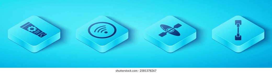 Set Isometric Sunscreen cream in tube, Wi-Fi wireless internet network, Paddle and Kayak or canoe icon. Vector