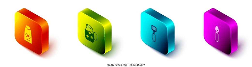 Set Isometric Sunscreen cream in tube, Jug glass with water, Spatula and Spoon icon. Vector