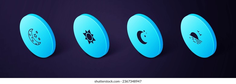 Set Isometric Sunset, Moon and stars,  and  icon. Vector