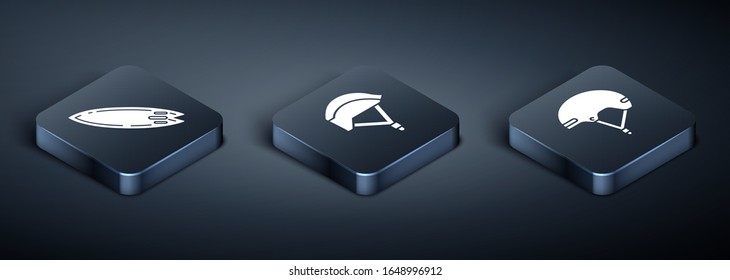 Set Isometric Surfboard, Helmet and Bicycle helmet icon. Vector