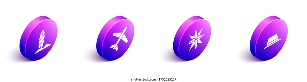 Set Isometric Surfboard, Plane, Wind rose and Man hat with ribbon icon. Vector