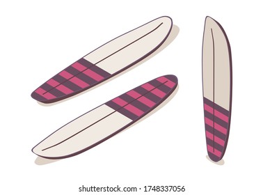 Set of isometric surfboard in various foresortening views like standing, lying down stand up paddle board or sup