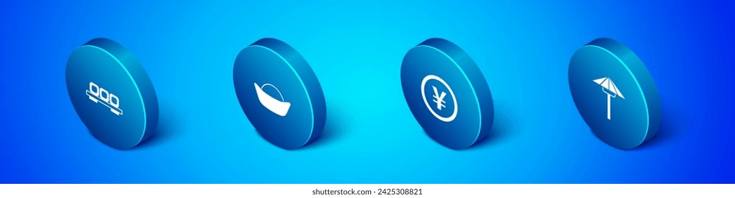 Set Isometric Sushi on cutting board, Chinese Yuan currency, Japanese umbrella from the sun and  icon. Vector