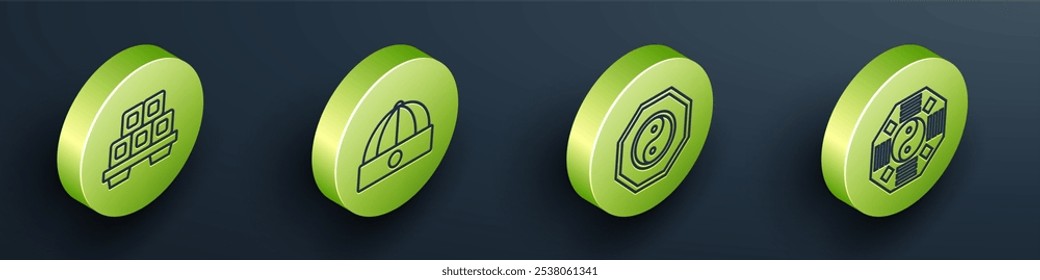 Set Isometric Sushi on cutting board, Chinese hat, Yin Yang and Yin Yang icon. Vector