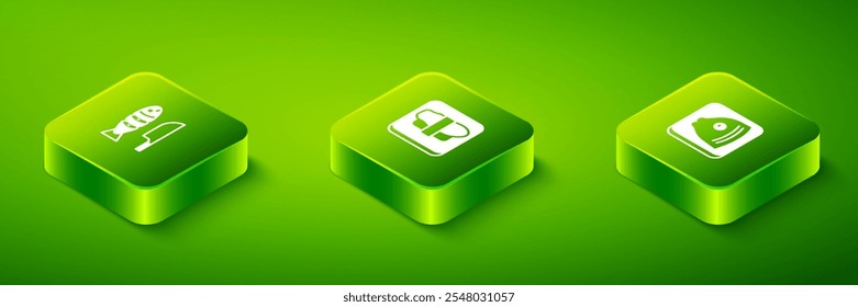 Set Isometric Sushi on cutting board, Fish head and with sliced pieces icon. Vector