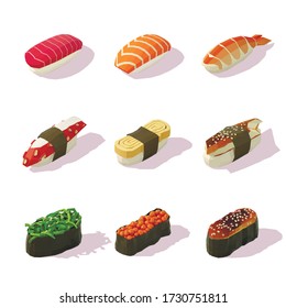 Set of isometric sushi - sushi with tuna, salmon, shrimp, octopus, scrambled eggs, eel; gunkan with chuka, red caviar, baked gunkan. Low poly 3d vector illustration.