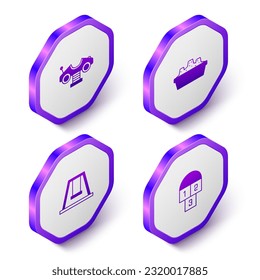 Set Isometric Swing car, Sandbox with sand, for kids and Hopscotch icon. Purple hexagon button. Vector