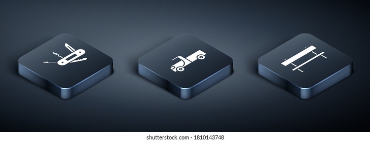 Set Isometric Swiss army knife, Bench and Pickup truck icon. Vector