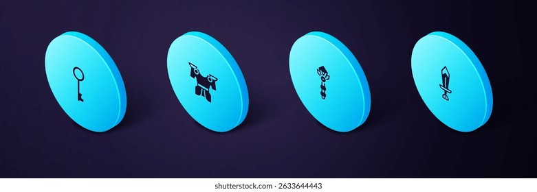 Set Isometric Sword for game, Magic wand, Body armor and Old key icon. Vector