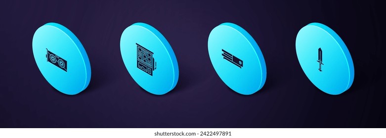 Establece la Espada isométrica para juegos, videoconsola, máquina tragamonedas e icono de tarjeta gráfica. Vector