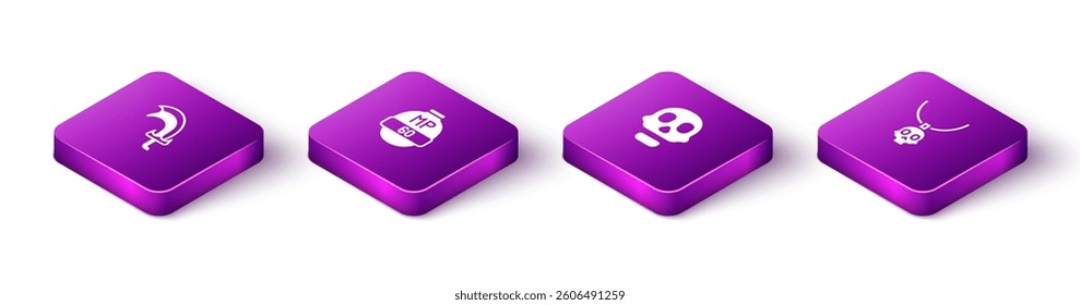 Set Isometric Sword for game, Video bar, Skull and Necklace amulet icon. Vector