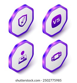 Video Establecer espada isométrica para el juego, VS Versus batalla, máquina de arcade Joystick e icono de consola portátil. Botón hexagonal púrpura. Vector