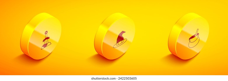 Coloque la espada isométrica en la piedra, el sombrero de bruja y el icono del caldero. Vector