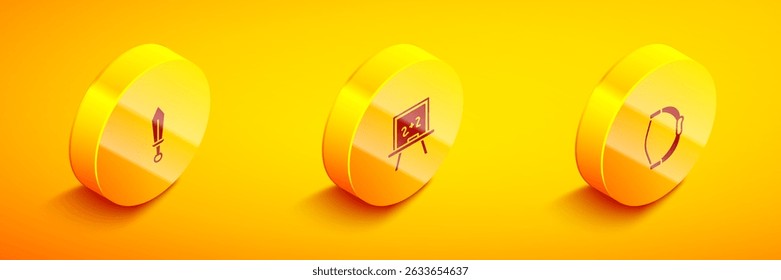 Set Isometric Sword toy, Chalkboard and Bow icon. Vector