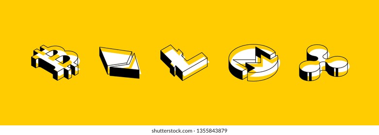 set of isometric symbols of cryptocurrencies on yellow background. abstract trend retro symbols or signs in geometric 3D shape style on yellow background. eps 10