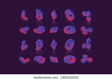 set of isometric symbols of various cryptocurrencies on dark background. futuristic vector illustration with neon gradients easy to edit and customize. eps 10