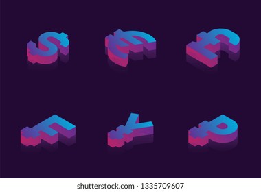 set of isometric symbols of various currencies on dark background. business futuristic vector illustration with neon gradients easy to edit and customize. eps 10