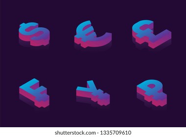 set of isometric symbols of various currencies on dark background. business futuristic vector illustration with neon gradients easy to edit and customize. eps 10