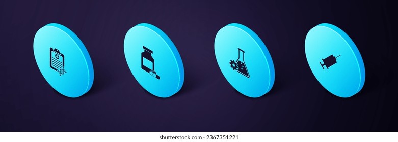 Set Isometric Syringe, Bioengineering, Medicine bottle and pills and Clipboard with DNA analysis icon. Vector