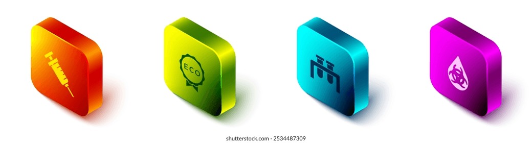 Jeringa isométrica del sistema, etiqueta para la comida sana ecológica, tubo de ensayo y frasco e icono del OMG. Vector