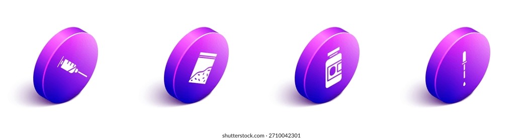 Set Isometric Syringe, Plastic bag of drug, Medicine bottle and pills and Pipette icon. Vector