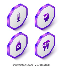 Set Isometric Syringe, Toothache, painkiller tablet and Teeth with braces icon. Purple hexagon button. Vector