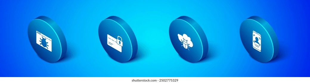 Set Isometric System bug, on a cloud, Mobile and face recognition and Credit card with lock icon. Vector