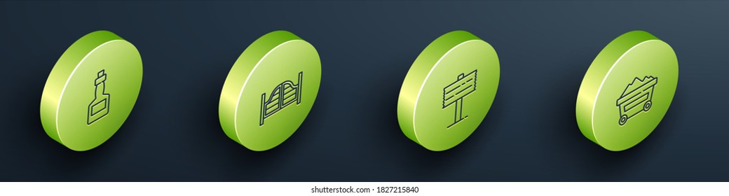 Set Isometric Tabasco sauce, Saloon door, Road traffic signpost and Coal mine trolley icon. Vector
