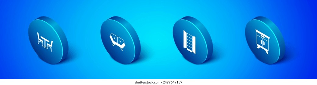 Set Isometric Table with chair, Wardrobe, Furniture nightstand and Sofa icon. Vector