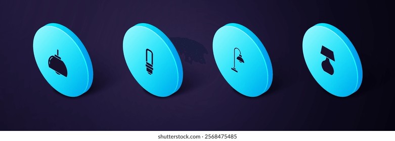 Set Isometric Table lamp, Floor, LED light bulb and Chandelier icon. Vector