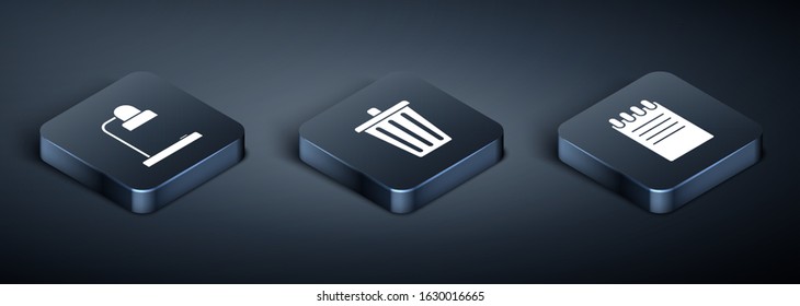 Set Isometric Table lamp, Notebook and Trash can icon. Vector