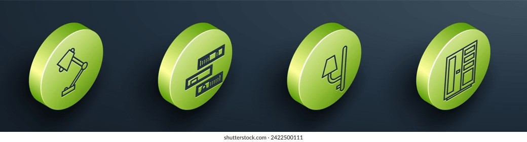 Set Isometric Table lamp, Shelf with books, Wall sconce and Wardrobe icon. Vector