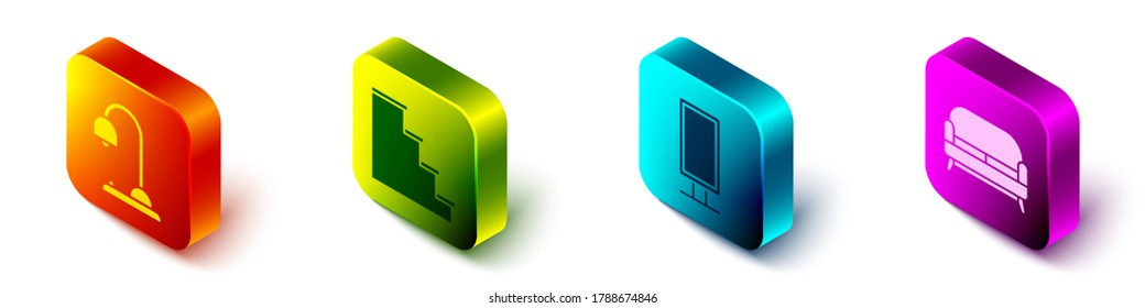 Set Isometric Table lamp, Staircase, Big full length mirror and Sofa icon. Vector