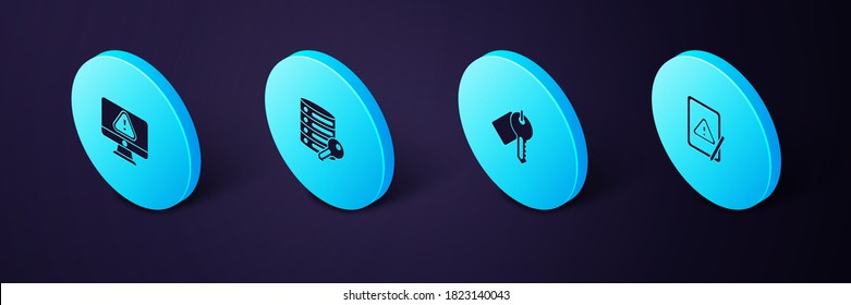 Establezca Tablet isométrica con signo de exclamación, tecla marcada, seguridad del servidor e icono Monitor. Vector.