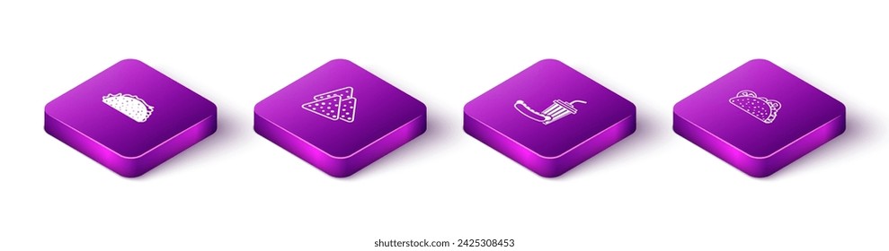 Set Isometric Taco with tortilla, Nachos, Soda and hotdog and  icon. Vector