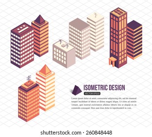 Set Of Isometric Tall Buildings For City Building. Vector Illustration.