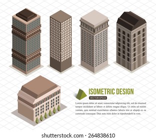 Set Of Isometric Tall Buildings For City Building. Vector Illustration.