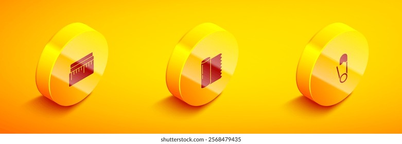 Set Isometric Tape measure, Textile fabric roll and Safety pin icon. Vector