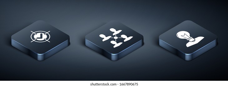 Establecer objetivo isométrico y marca de verificación, cabezal humano con lámpara y icono de base del equipo del proyecto. Vector