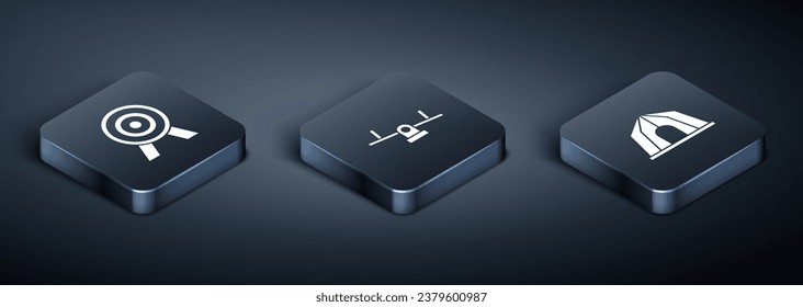 Set Isometric Target, Circus tent and Seesaw icon. Vector