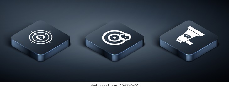 Set Isometric Target with dollar, Megaphone and dollar and Target with dollar symbol icon. Vector