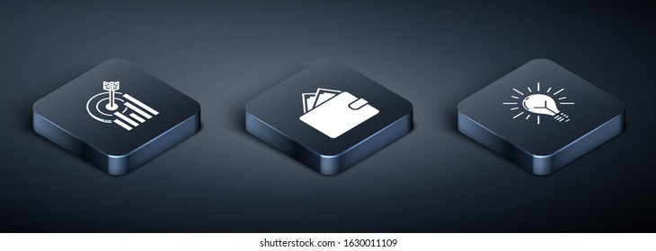 Set Isometric Target with graph chart, Light bulb with rays shine and concept of idea and Wallet with stacks paper money cash icon. Vector