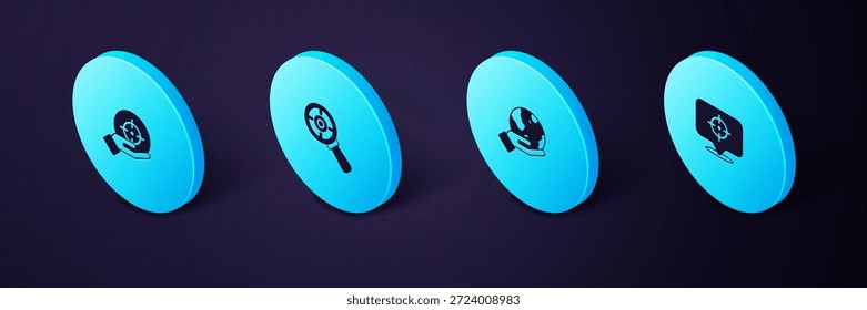 Fije el objetivo isométrico, la mano que sostiene el globo terráqueo, con la lupa y el icono. Vector